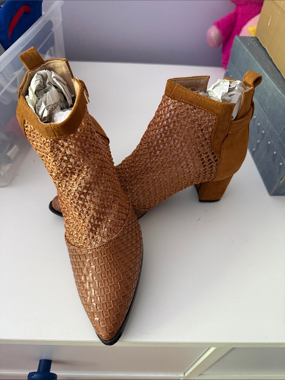 Women’s Tan Woven Pointed-Toe Ankle Boots